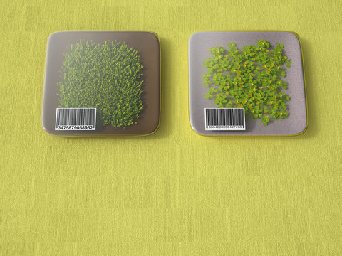D rendering, Packaged grass with bar code on colorful background