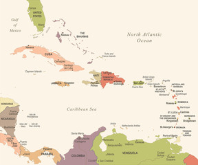 Obraz premium The Caribbean Map - Vintage Vector Illustration