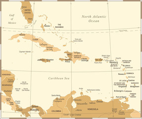 The Caribbean Map - Vintage Vector Illustration