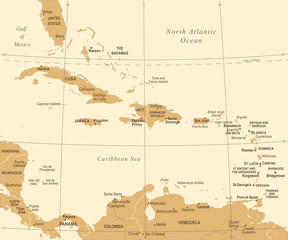 The Caribbean Map - Vintage Vector Illustration