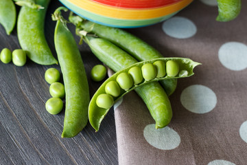 Green pea. Close-up. Top view.