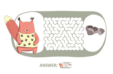 Children's maze with squirrel and nuts. Cute puzzle game for kids, vector labyrinth illustration.