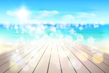 Abstract view on the beach from wooden boardwalk. Vector Illustration. 