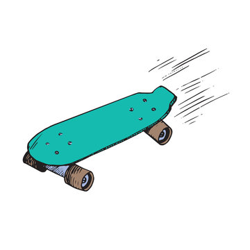 Green skateboard, hand drawn doodle sketch, isolated vector color illustration