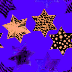 Seamless Watercolor Stars Pattern. Magic Festive Background. Hand Drawn Doodle Stars. Baby Design. Abstract Rapport for Wallpaper, Textile, Linen, Wrapping, Posters, Cards, Banner. New Year, Birthday 