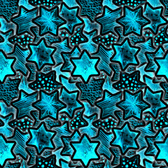 Festive Magic Seamless Pattern with Neon Watercolor Stars. Lighting Christmas Tree Garland Background. New Year Flashlights. Hand drawn star print for wrapping, textile, wallpaper, cards, books.