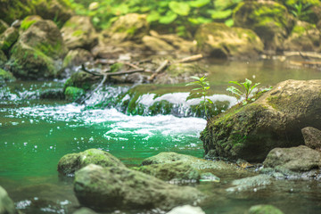  Small mountain waterfall on the rocks covered with moss deep in the forest. Cliffs in Cheile Turzii, Romania. Autumn is coming. Beautiful, calming nature background