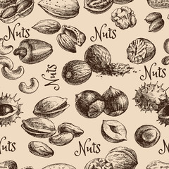 Vintage hand drawn sketch nuts seamless pattern. Vector illustration