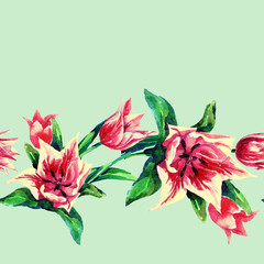 Watercolor seamless pattern of tulips.