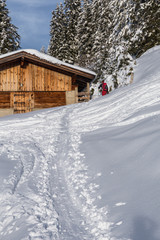 Fototapeta premium Mann geht in der Spur mit Ski bei einer Hütte vorbei im Winter
