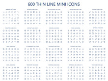 600 vector thin line mini icons set. Thin line simple outline icons, 24x24px grid. Pixel Perfect. Editable stroke.