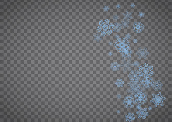 Fototapeta na wymiar Snowflakes frame on transparent background. Christmas and Happy New Year. Isolated horizontal snowflakes frame for banners, gift cards, party invitation, partner compliment and special business offer
