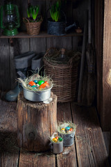 Farm Easter eggs in the wooden cottage