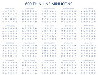 600 vector thin line mini icons set. Thin line simple outline icons, 24x24px grid. Pixel Perfect. Editable stroke. - obrazy, fototapety, plakaty