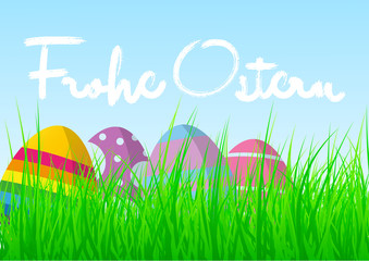 colorful easter eggs in fresh green grass against blue sky with words „Frohe Ostern“ (Happy Easter Holidays in German)