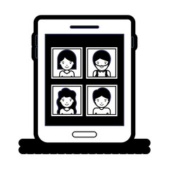 people picture profiles social network in tablet device screen in black silhouette with thick contour