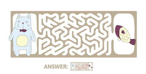 Children's maze with cat and fish. Cute puzzle game for kids, vector labyrinth illustration.