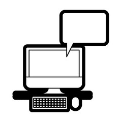 desktop computer with bubble dialogue in black silhouette with thick contour