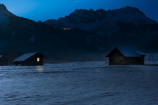 Barn In Snow At Night