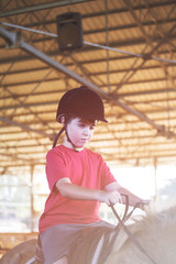A little boy riding a horse. First lessons of horseback riding
