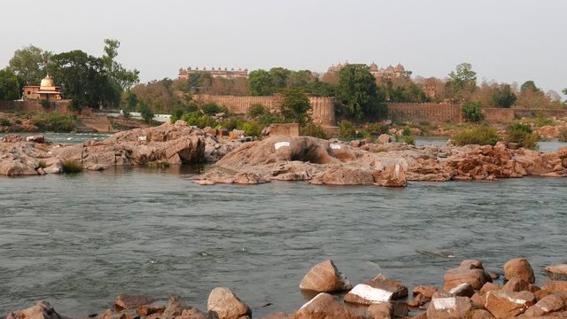 Orchha Palace, Madhya Pradesh, famous travel destination in India. Holy Betwa river flowing.