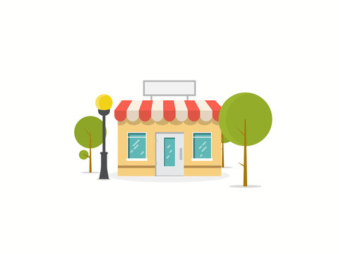 Online store building. Store building near park with trees. Flat vector illustration. Tree and bushes with street lamp. Trendy retro color style.