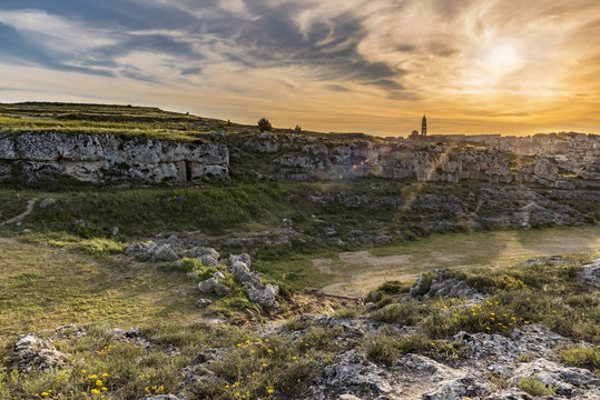 Italy, Basilicata, Matera, Old town, View to Sassi of Matera, Parco della Murgia Materana in the evening