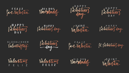 Valentines Day text. Inscription in different languages, French, Spanish, German and Portuguese. Feliz San Valentin, Dia dos Namorados, Feliz Valentim.