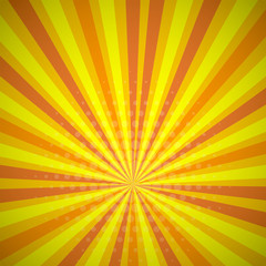 Fototapeta premium Yellow orange colored summer Pop-Art style blue comics book background, Lichtenstein popart. Pop art comic strip backdrop sunlight, sun ray space. Funny halftone dotted template. Vector illustration.