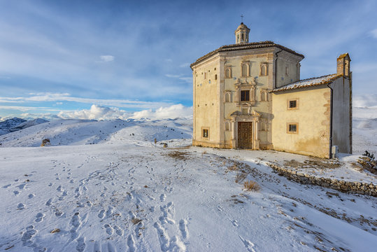 Church of Santa Maria della Pieta in Rocca Calascio in winter, Italy
