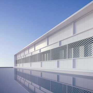 Buildings of holiday resort reflecting in the water of the pool, D Rendering