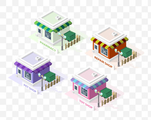 Isometric High Quality City Element with 45 Degrees Shadows on Transparent Background. Pharmacy , Pet Shop , Toy Shop and Repair Shop