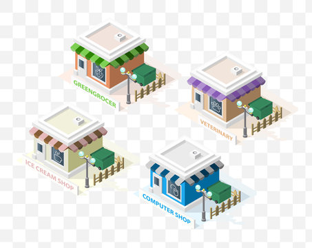 Isometric High Quality City Element with 45 Degrees Shadows on Transparent Background. Greengrocer , Ice Cream Shop , Computer Shop and Veterinary