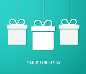 Christmas paper card with hanging gift boxes.