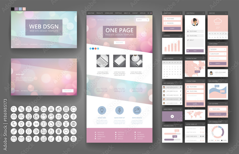 Poster website design template and interface elements