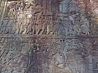 Cambodia bas-relief wall carving  history of the king and people at that period 