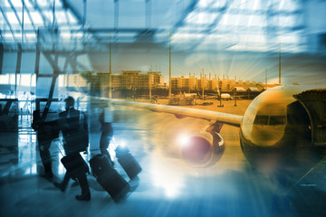 People Commuter Walking Rush Hour Traveling Concept , Airport terminal, people going to airplane in...