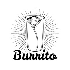 Burrito. Mexican traditional cuisine. Vector drawn illustration, menu label, banner poster identity, branding. - obrazy, fototapety, plakaty