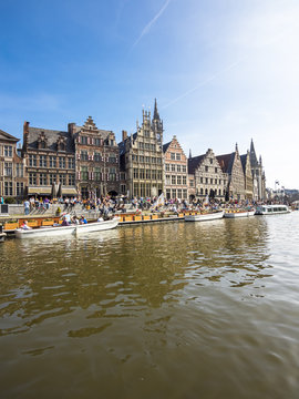 Belgium, Ghent, Old Town, Graslei, historical Guild Houses at River Leie