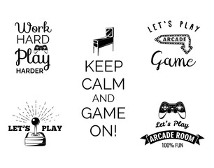 Vector video games labels set. Arcade game room. Let s play videogame. Gum machine. gumball.