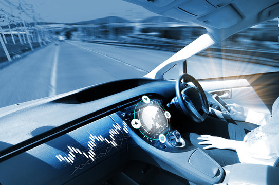 electric car or intelligent car.Heads up display(HUD).futuristic vehicle and graphical user interface(GUI).self-driving mode , autonomous car, vehicle running self driving mode and a woman driver