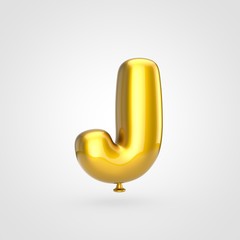 Glossy golden balloon letter J uppercase isolated on white background.