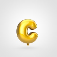 Glossy golden balloon letter C lowercase isolated on white background.