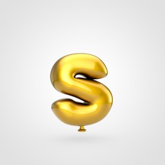 Glossy golden balloon letter S lowercase isolated on white background.