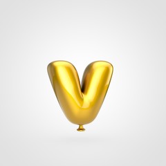 Glossy golden balloon letter V lowercase isolated on white background.