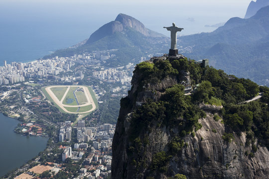 Brazil, Aerial view of Rio De Janeiro, Corcovado mountain with statue of Christ the Redeemer