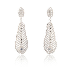 Pair of silver diamond earrings isolated on white