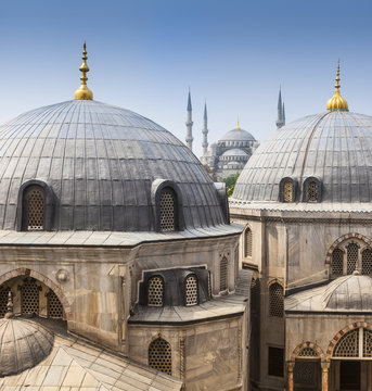 Turkey, Istanbul, view to Haghia Sophia and Sultan Ahmed Mosque