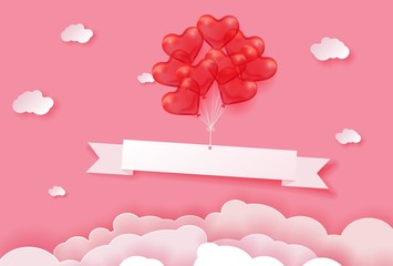 3d Realistic helium heart red Balloon. Holiday illustration of bunch of flying glossy balloon with ribbon