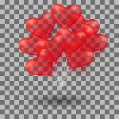 3d Realistic helium heart red Balloon. Holiday illustration of bunch of flying glossy balloon. Isolated
